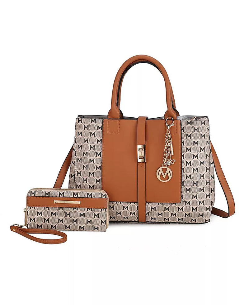 Yuliana Circular M Emblem Print Satchel Bag with Wallet by Mia K