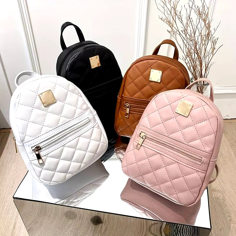 Women'S Cute Small Backpack Rhombic Pattern Backpack with Adjustable Strap Zipper Casual Shoulder Black Mobile Bag