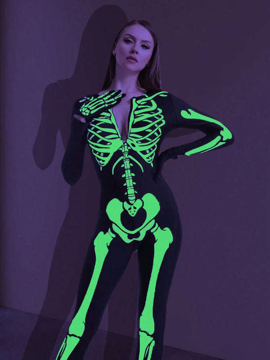 Glow in the Dark Skeleton Costume for Adults Women Halloween Dress up Party Role Playing Cosplay