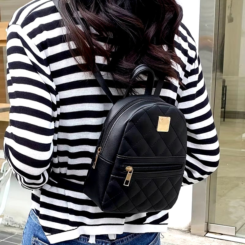 Women'S Cute Small Backpack Rhombic Pattern Backpack with Adjustable Strap Zipper Casual Shoulder Black Mobile Bag